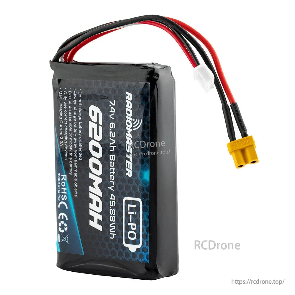 Side view of RadioMaster 6200mAh 2S LiPo battery pack showing wire exit and shrink wrap edges