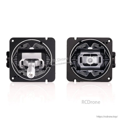 RadioMaster AG01 CNC Hall Gimbal set in black anodized finish, pair shown with faceplate graphics