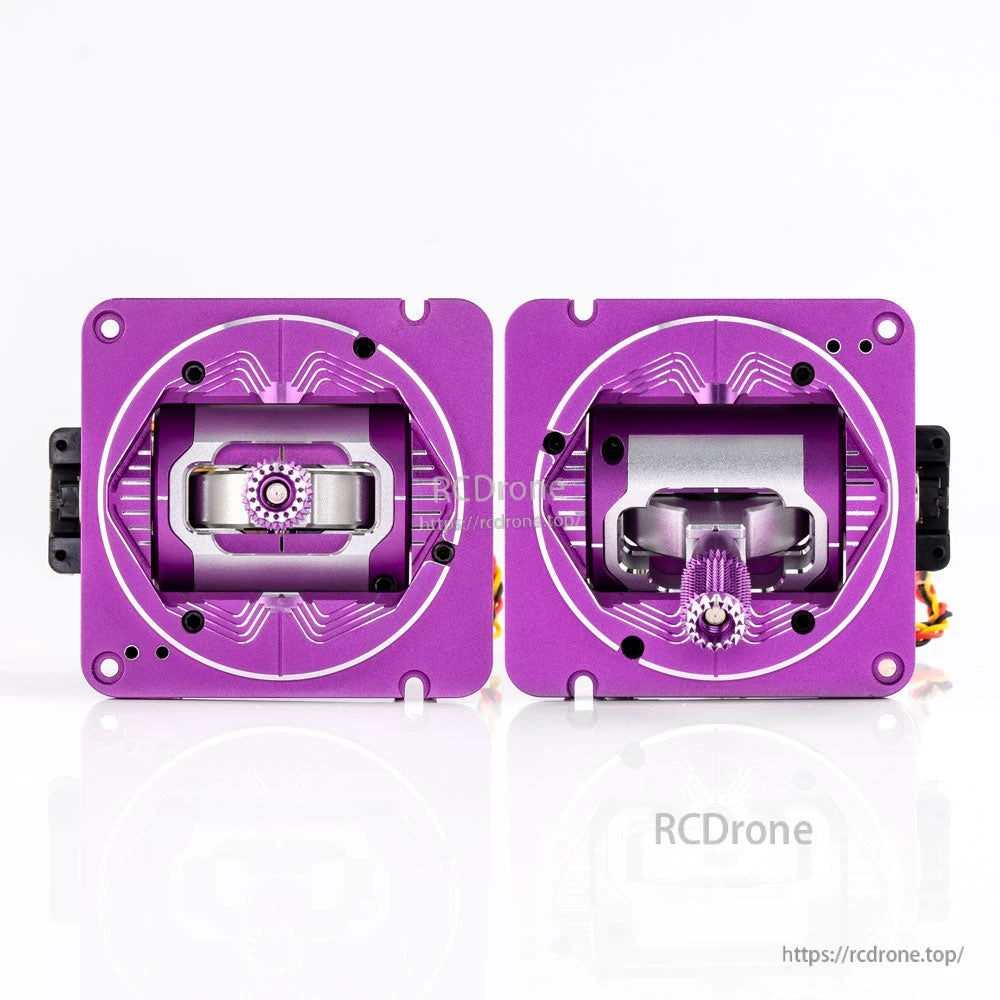 Purple anodized CNC gimbal set, pair shown with circular faceplate pattern and stick ends visible