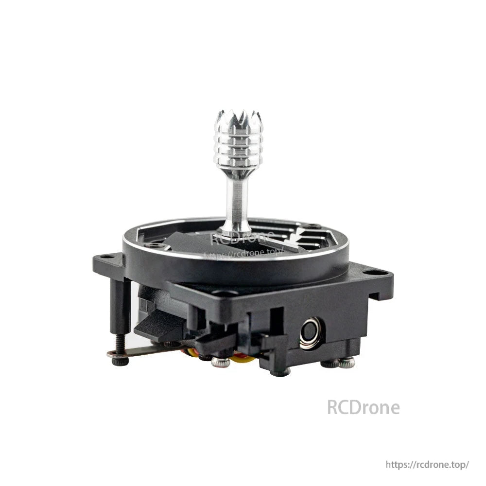 Side profile of gimbal module showing frame height, mounting standoffs, and side opening