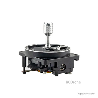 Side profile of gimbal module showing frame height, mounting standoffs, and side opening