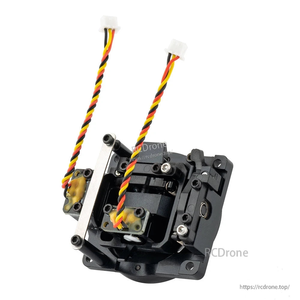 Underside of gimbal showing internal mechanism, wiring leads, and white connector plugs