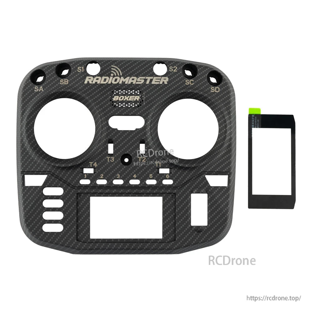 RadioMaster Boxer carbon fiber look faceplate with button cutouts, plus LCD cover panel