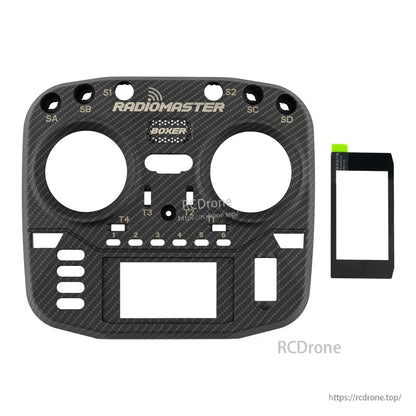 RadioMaster Boxer carbon fiber look faceplate with button cutouts, plus LCD cover panel