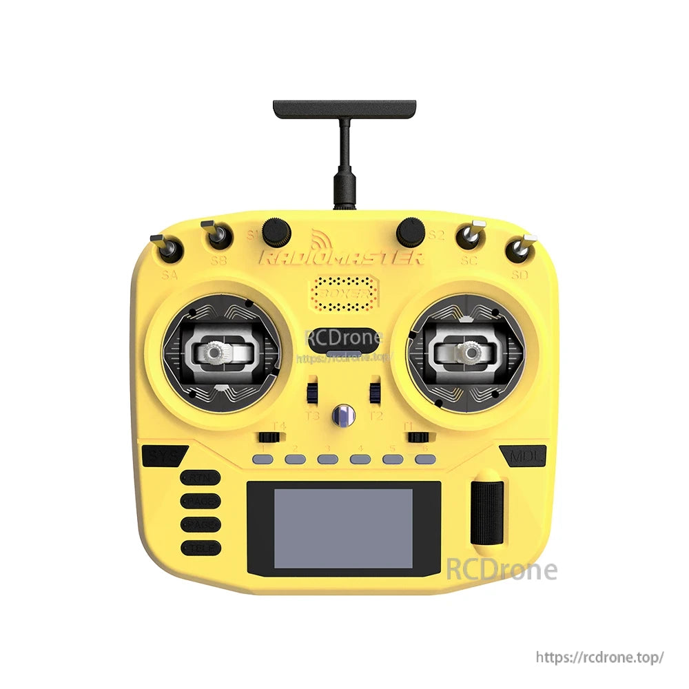 Front view in yellow showing gimbals, top switches, trim buttons, and display on Boxer Crush RC radio