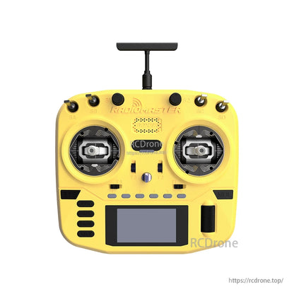 Front view in yellow showing gimbals, top switches, trim buttons, and display on Boxer Crush RC radio