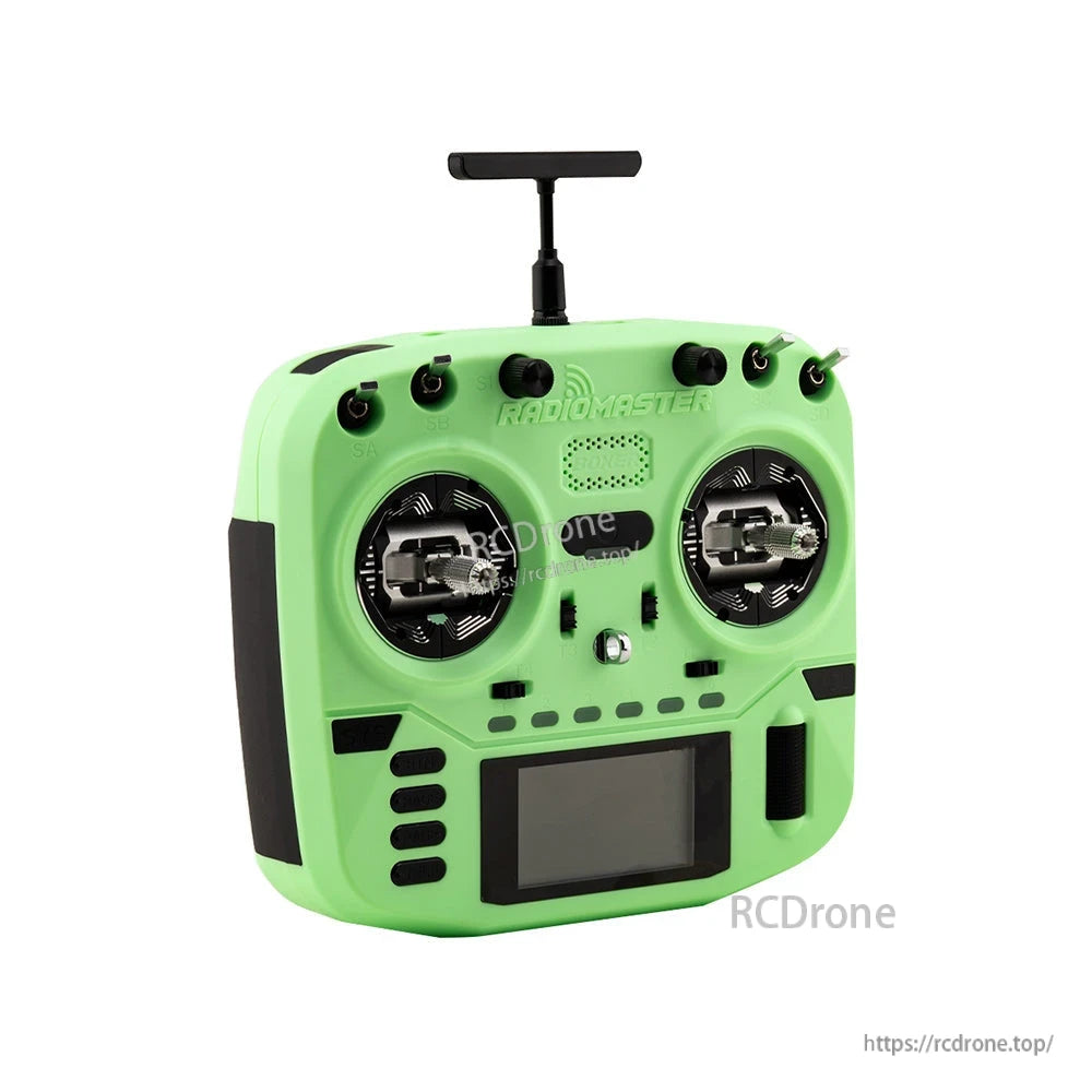 Angled front-right view of mint green Boxer Crush transmitter highlighting gimbals, screen, and switches