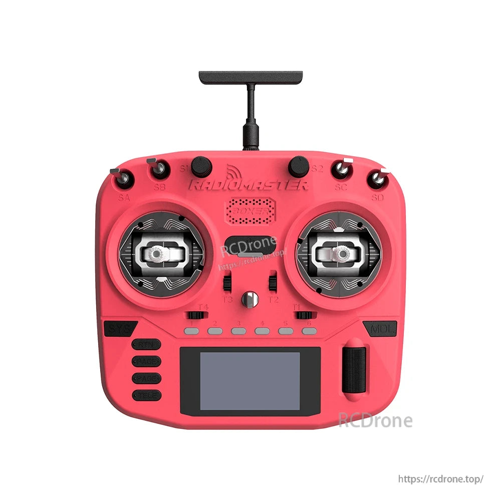 Front view in coral red showing gimbals, top switches, and screen on RadioMaster Boxer Crush controller