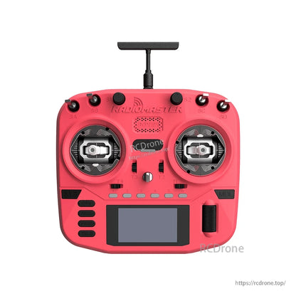 Front view in coral red showing gimbals, top switches, and screen on RadioMaster Boxer Crush controller