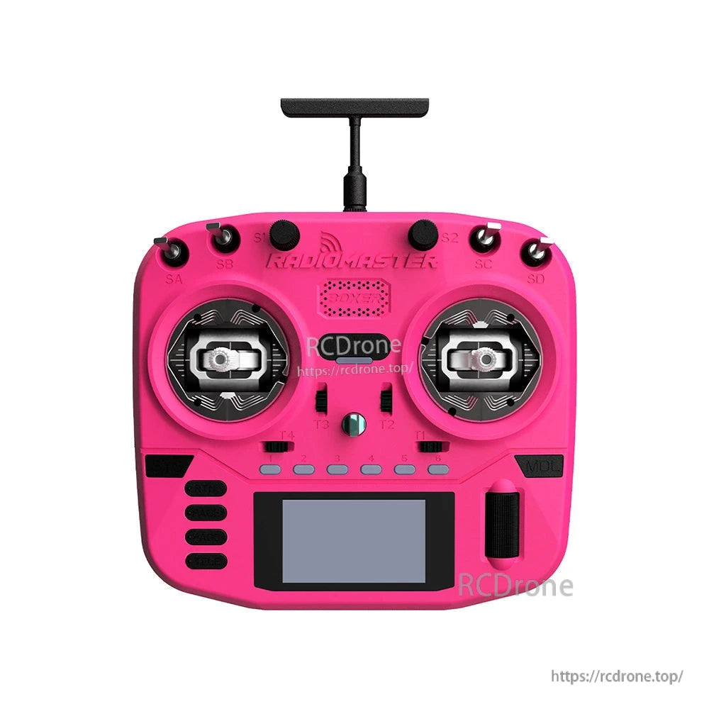 Front view in bright pink showing gimbals, switches, and display on Boxer Crush RC transmitter