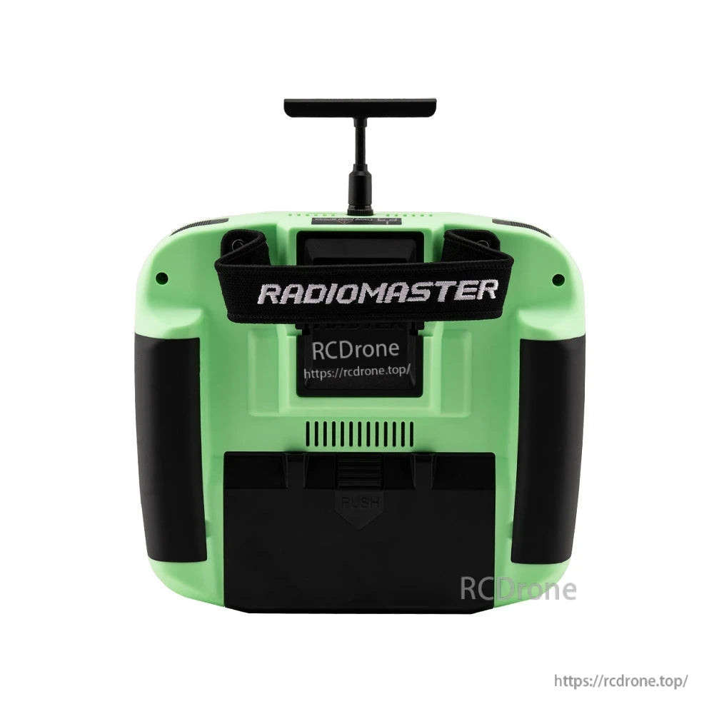 Rear view of RadioMaster Boxer Crush (M2) showing neck strap mount, rear vents, and battery cover