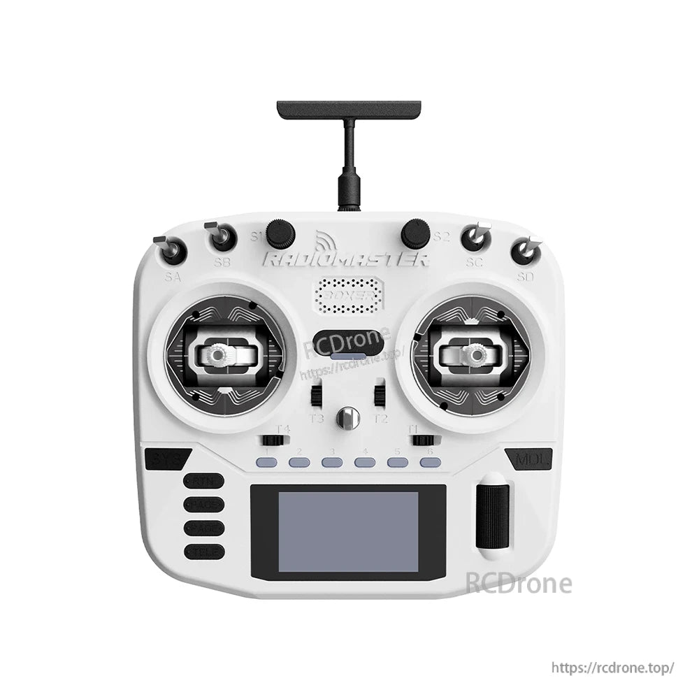 Front view in white showing gimbals, top switches, speaker grille, and screen on Boxer Crush radio