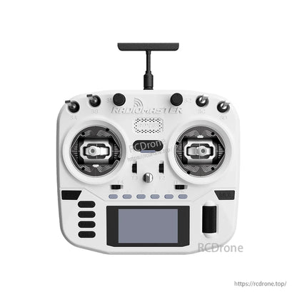 Front view in white showing gimbals, top switches, speaker grille, and screen on Boxer Crush radio