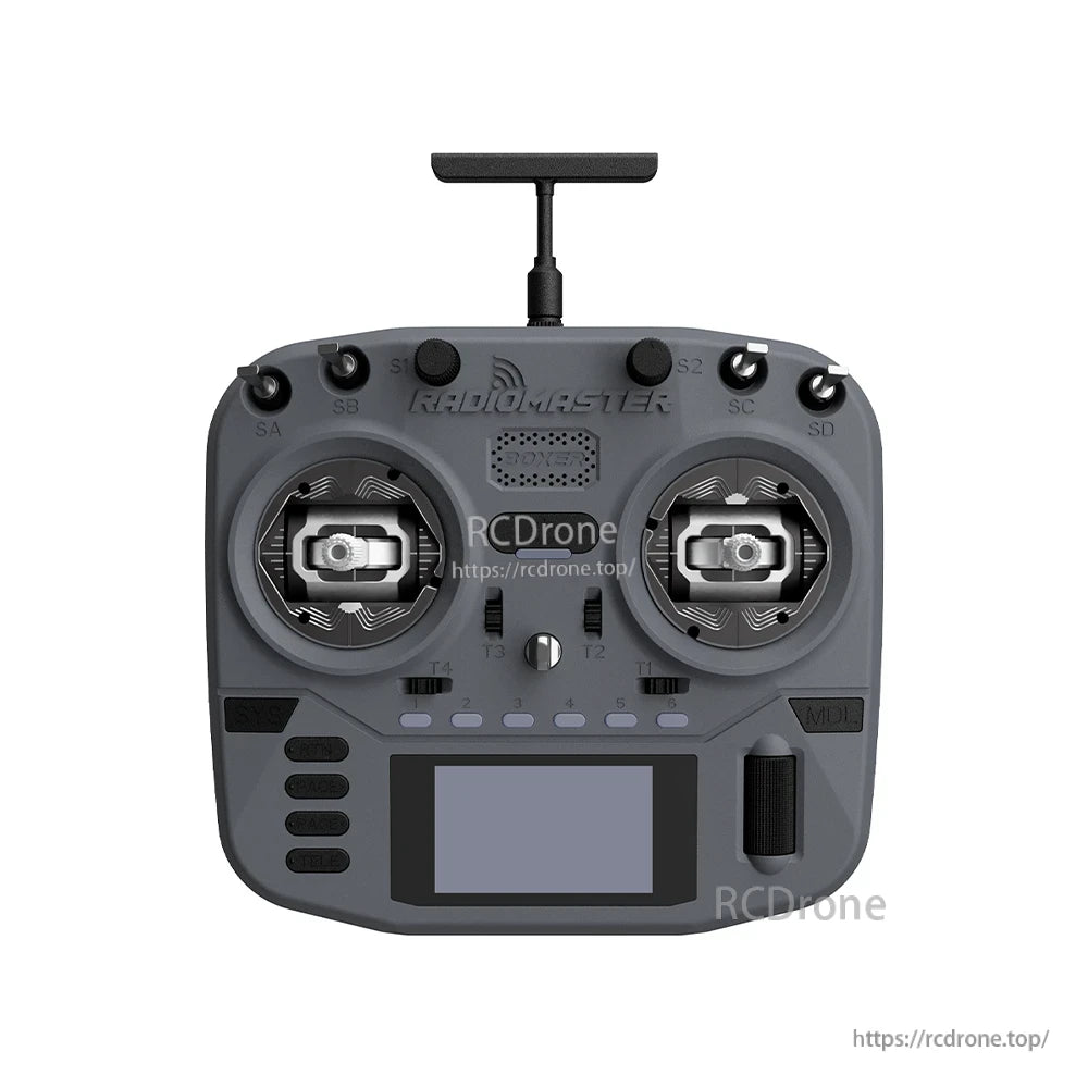 Front view in dark gray showing gimbals, top switches, and display on Boxer Crush controller