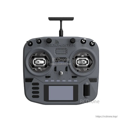 Front view in dark gray showing gimbals, top switches, and display on Boxer Crush controller