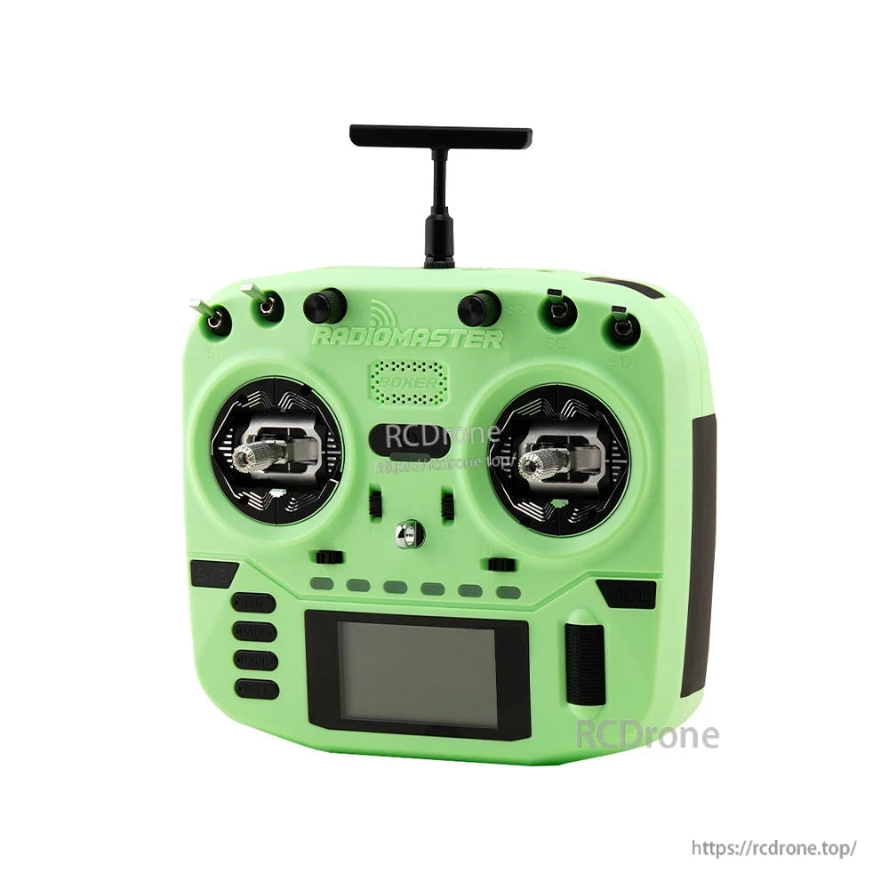 Angled front-left view of mint green Boxer Crush controller showing antenna, gimbals, and side grips