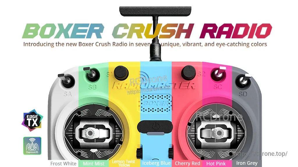 RadioMaster Boxer Crush (M2) EdgeTX radio controller lineup showing seven color options and AG01 gimbals