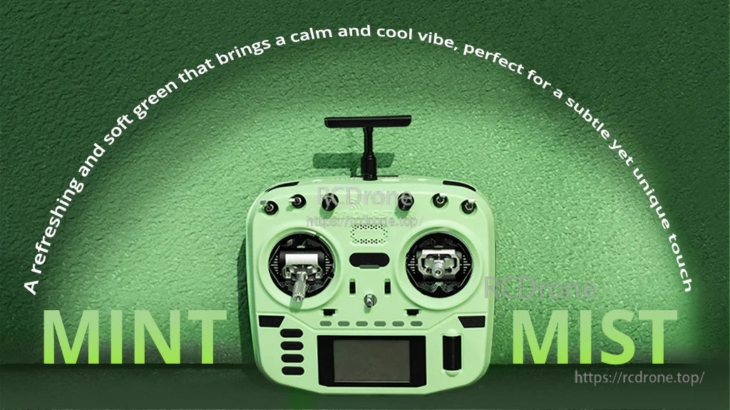 RadioMaster Boxer Crush (M2) radio controller in Mint Mist color with T-style antenna and CNC gimbals