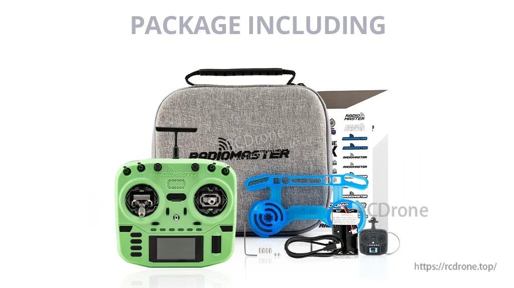 RadioMaster Boxer Crush (M2) package contents with carry case, gimbal protector, cables, and accessories