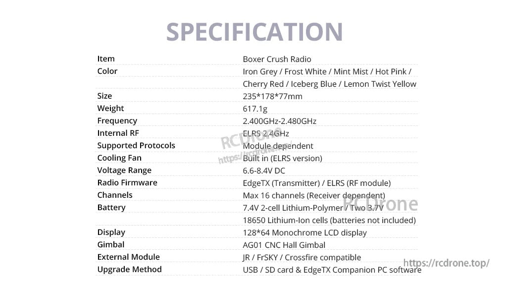 RadioMaster Boxer Crush (M2) specification table with size, weight, frequency, display, and gimbal details