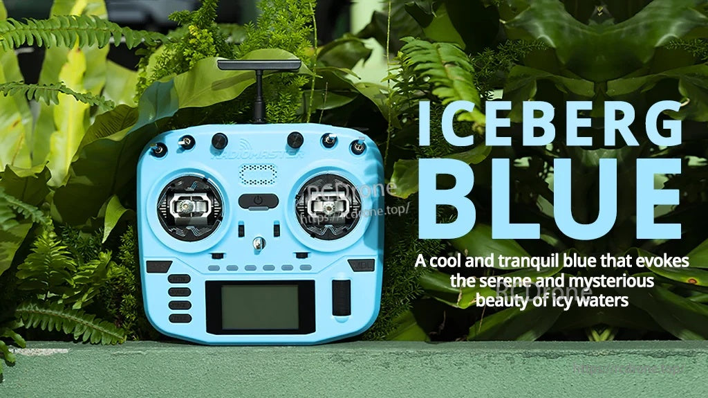 RadioMaster Boxer Crush (M2) transmitter in Iceberg Blue color, front view with dual gimbals and switches