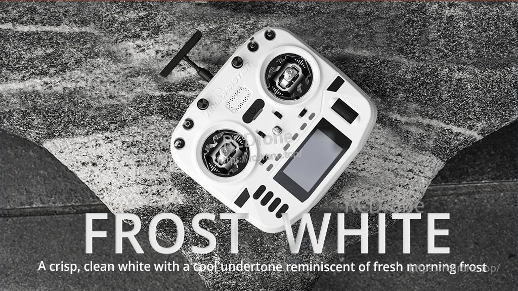 RadioMaster Boxer Crush (M2) radio controller in Frost White color, angled view on textured background