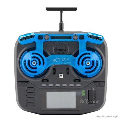 Front view of Boxer radio controller with blue gimbal protective cover installed