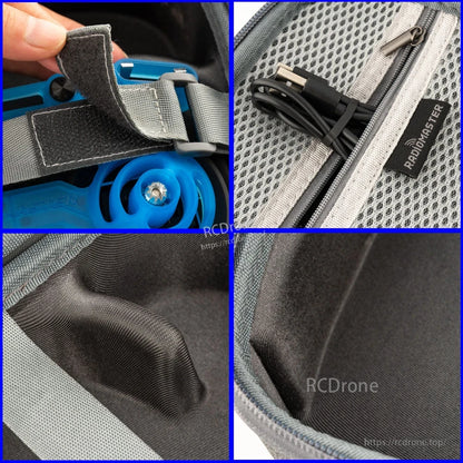 Carry case interior details: hook-and-loop strap, mesh zip pocket for cable, and molded protective padding