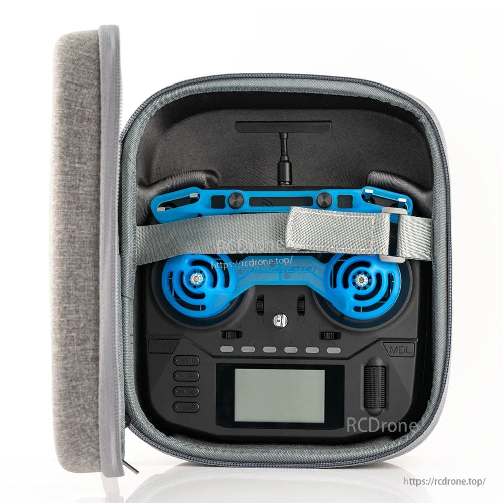 Open carry case with RadioMaster Boxer transmitter inside, secured strap and blue gimbal protector installed