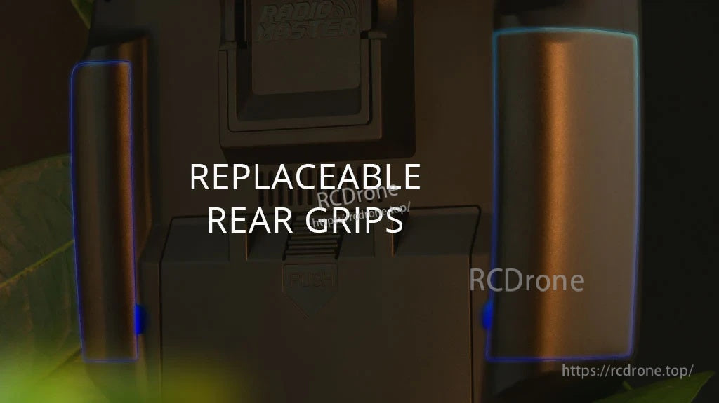 RadioMaster Boxer side grips set with “REPLACEABLE REAR GRIPS” marking on the rear of the transmitter