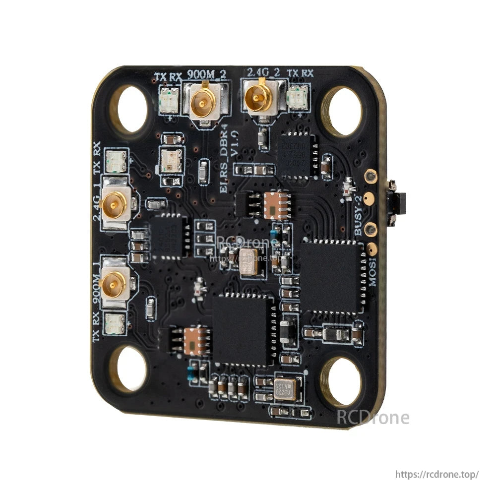 Angled view of the receiver board showing stacked components, edge connector, and four corner mounting holes