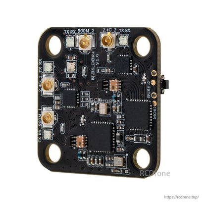 Angled view of the receiver board showing stacked components, edge connector, and four corner mounting holes