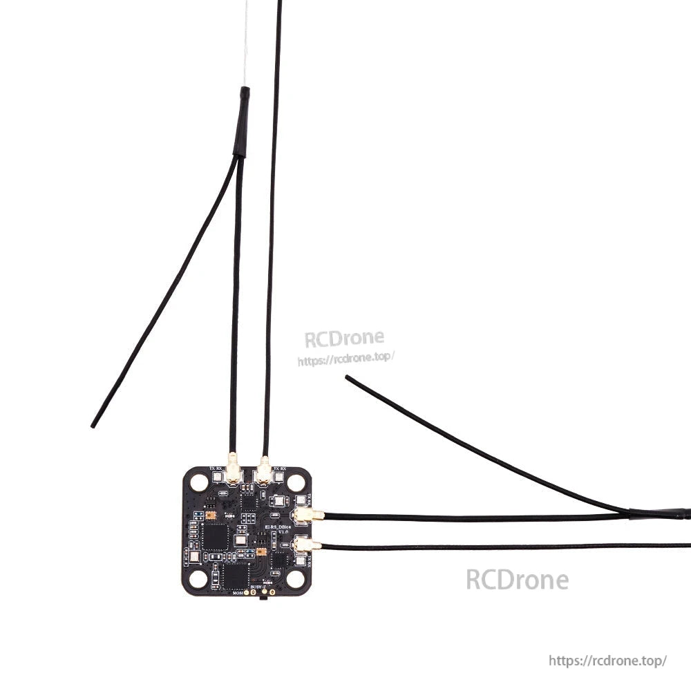 DBR4 receiver with antennas attached, side layout highlighting U.FL leads and board mounting holes