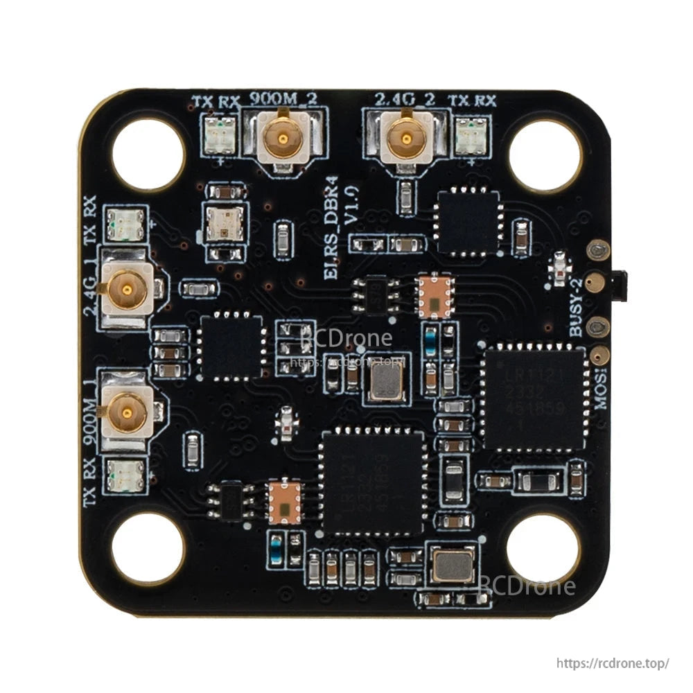 Close-up of DBR4 PCB showing 900M and 2.4G markings, U.FL connectors, and solder pads