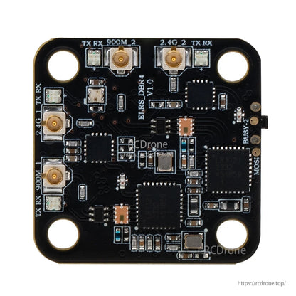Close-up of DBR4 PCB showing 900M and 2.4G markings, U.FL connectors, and solder pads