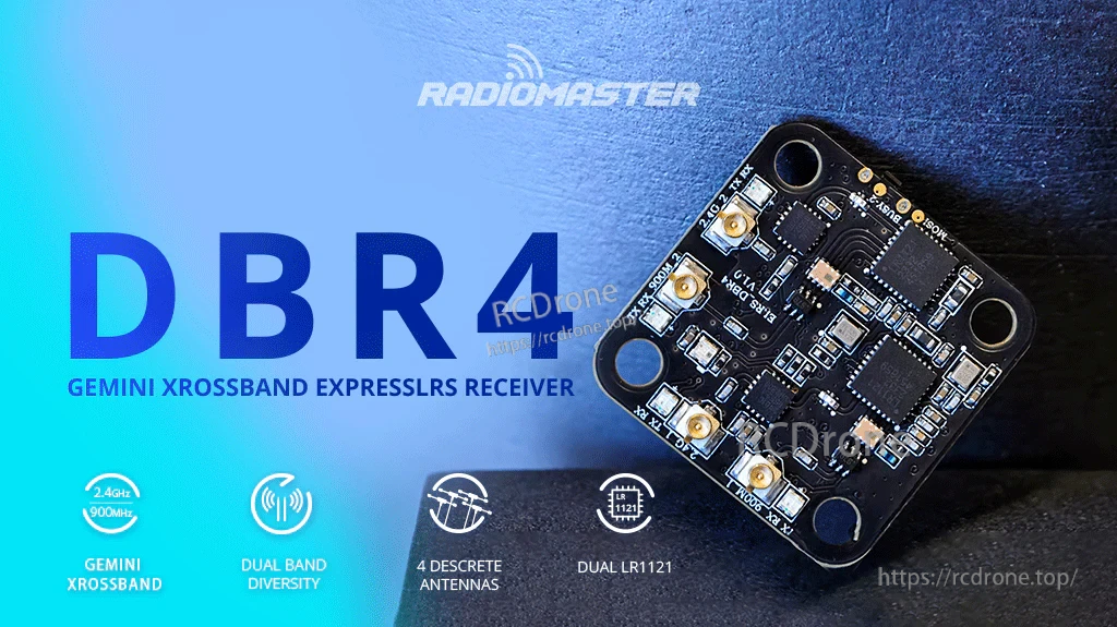 RadioMaster DBR4 dual band Gemini Xrossband ExpressLRS receiver board for 2.4GHz + 915MHz CRSF