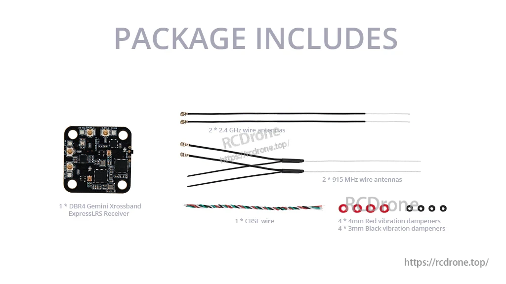 Package contents: DBR4 receiver, 2.4GHz and 915MHz wire antennas, CRSF wire, and vibration dampeners