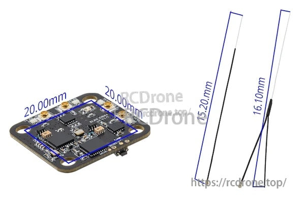 DBR4 dimensions and antenna lengths: 20mm mounting spacing and wire antennas labeled 105.2mm and 16.1mm