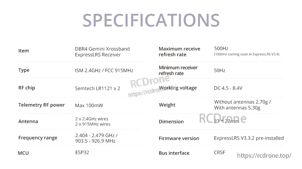 DBR4 Gemini Xrossband ExpressLRS receiver specifications table including voltage, refresh rate and frequencies