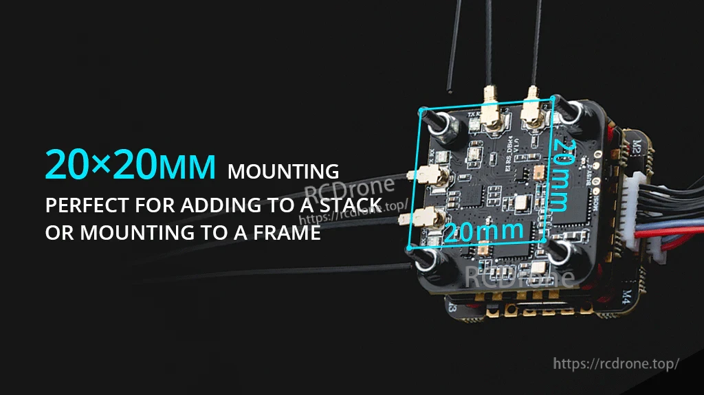 DBR4 ExpressLRS receiver mounted on a stack with 20x20mm mounting pattern highlighted