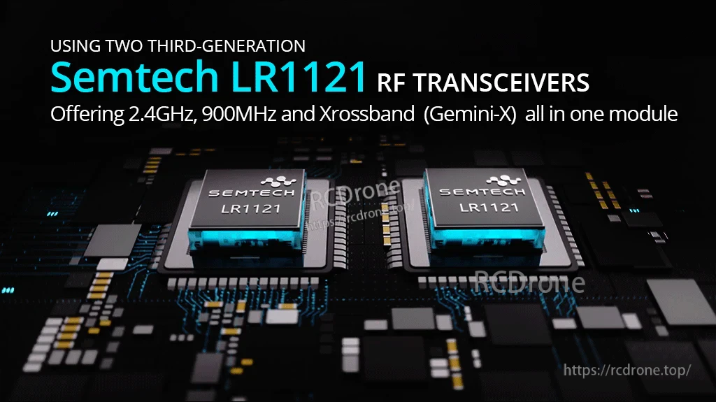 Dual Semtech LR1121 RF transceivers used in the DBR4 for 2.4GHz and 900/915MHz ExpressLRS operation