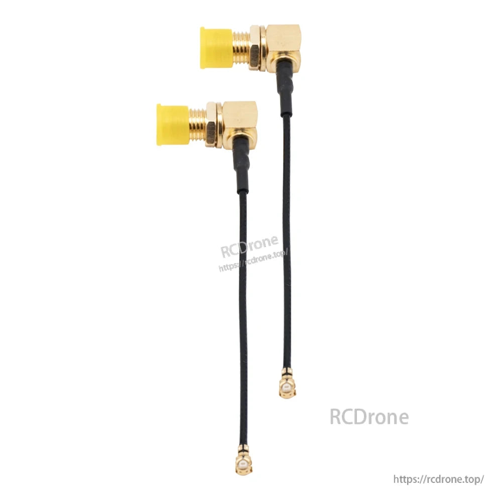 Right-angle RP-SMA bulkhead connectors with yellow protective caps and micro coax pigtail ends
