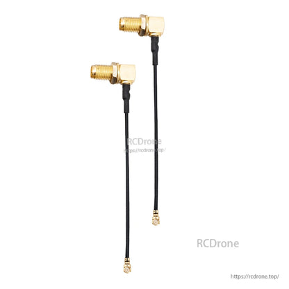 Side view of right-angle RP-SMA bulkhead connectors with long black coax leads and tiny plug ends