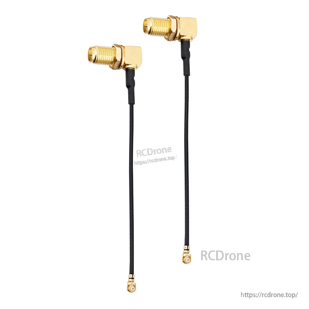 Two right-angle RP-SMA to micro coax pigtails shown full length on white background