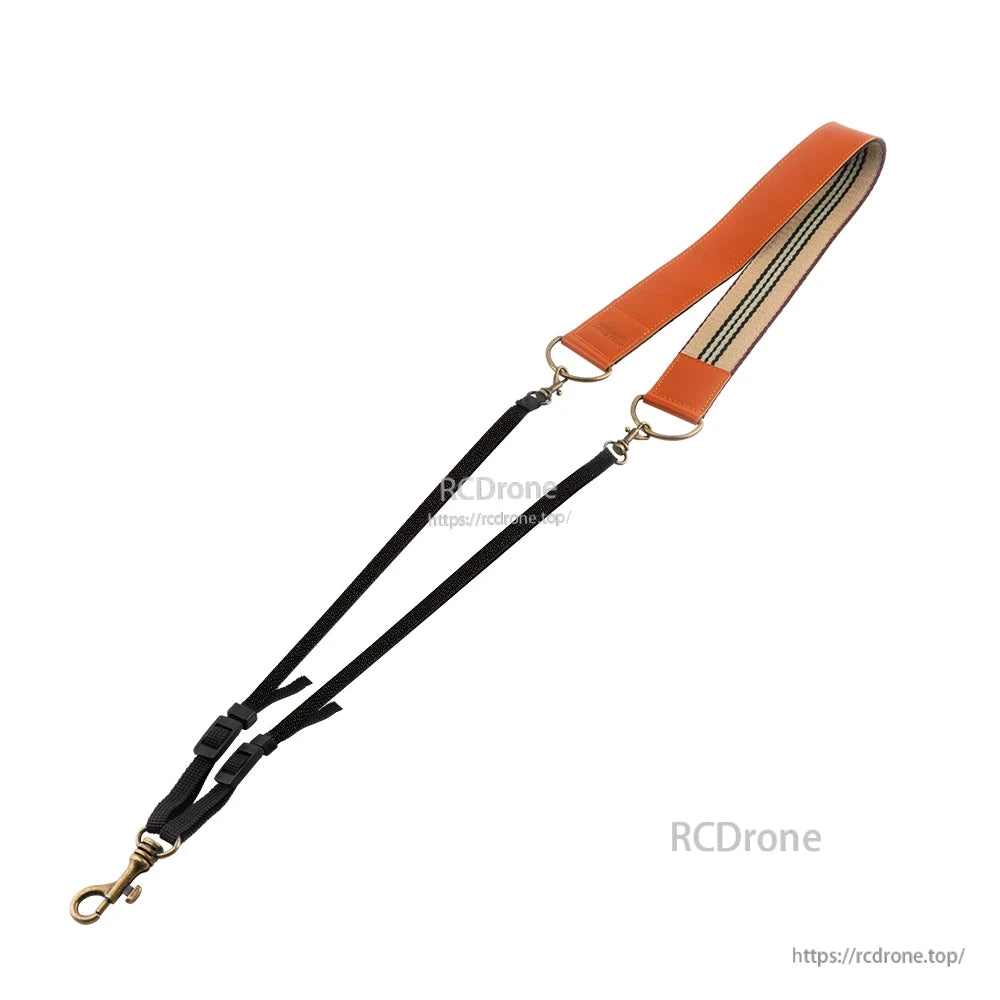 Full length view of leather neck lanyard with padded strap, dual black adjusters and brass snap hook