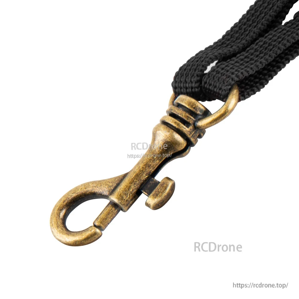 Brass swivel snap hook connector on black webbing strap for RC transmitter lanyard attachment
