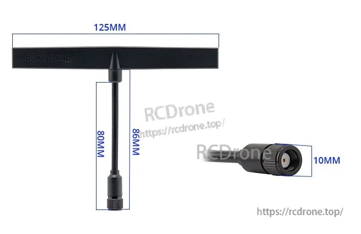 Dimension diagram of the RadioMaster dual-band T antenna showing 125mm top bar, 80mm cable, 10mm RP-SMA end