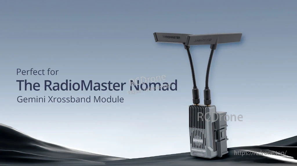 Dual-band T antenna installed on a RadioMaster Nomad Gemini Xrossband module (dual RP-SMA ports)