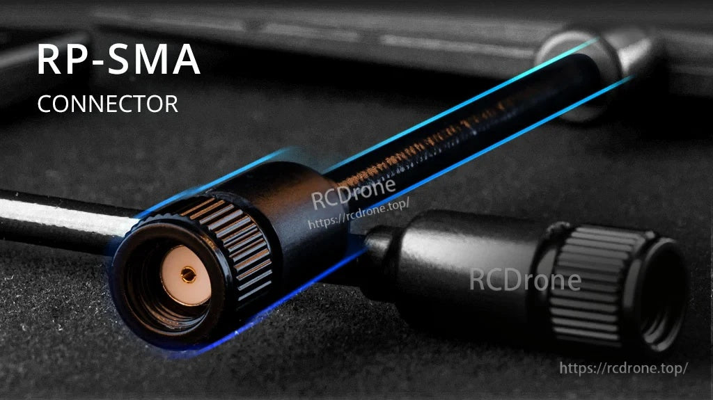 Close-up of the RP-SMA connector on the RadioMaster dual-band T antenna coax lead