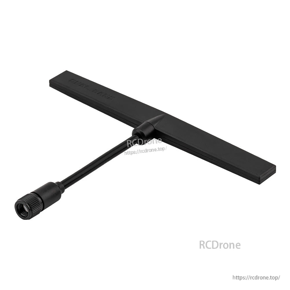 Side angle of dual band T antenna with RP-SMA connector housing and flexible lead